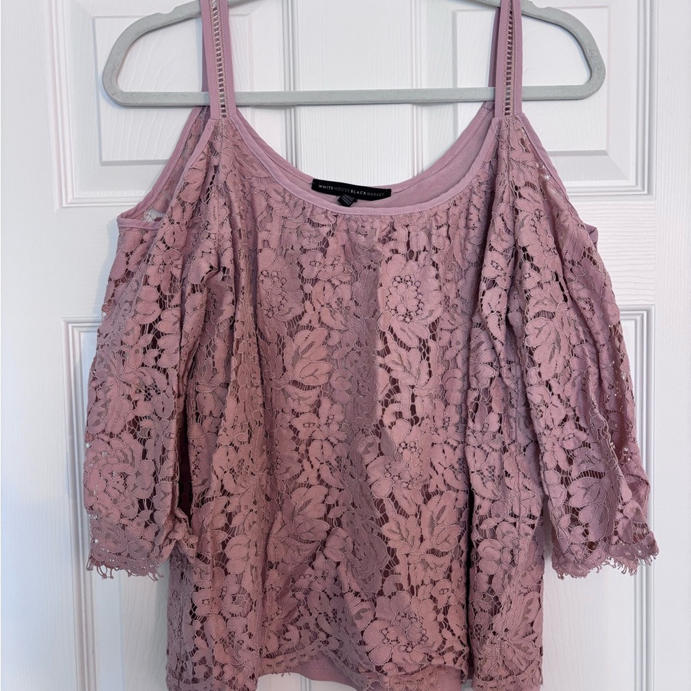 White House Black Market Pink 3/4 Sleeve Lace Blouse